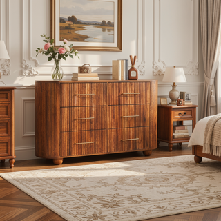Sunvega Solid Mango Wood Ridgefront Chest with Six Ribbed Drawers in Amber Oak Finish