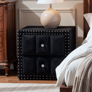 Sunvega Beige Contemporary Nightstand with Crystal Knobs and Vertical Tufting