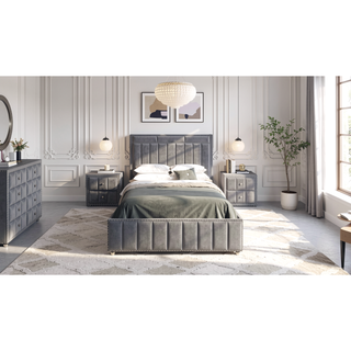 Sunvega Beige Contemporary Nightstand with Crystal Knobs and Vertical Tufting