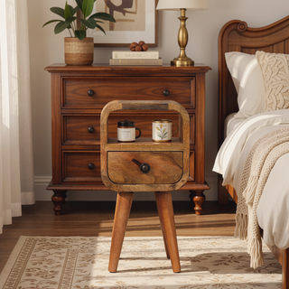 Sunvega Ultra-Compact Solid Mango Wood Nightstand with Drawer and Open Slot