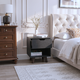 Sunvega Modern Nightstand with Open Shelf and Drawer on Wooden Legs for Bedroom