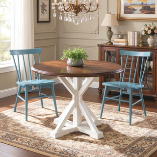 Sunvega Farmhouse Trestle Inspired Pedestal Dining Table with Two Tone Color