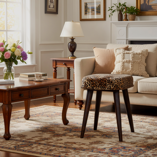 Sunvega Solid Wood Leopard Print Deep Button Upholstered Bench in Brown