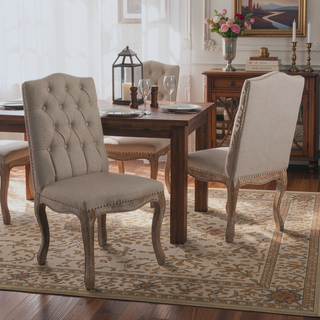 Sunvega Upholstered Dining Chairs with Button Tufting and Weathered Wood Legs Set of 2