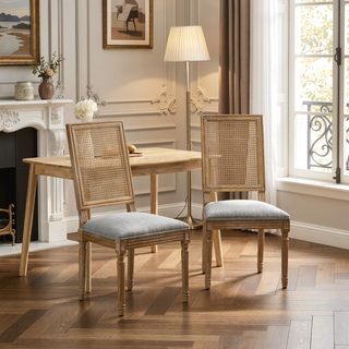 Sunvega French Country Dining Chairs with Cane Backrest Upholstered Seats and Fluted Legs