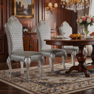 Sunvega Vintage Bone White Faux Leather Upholstered Side Chairs with Floral Crown
