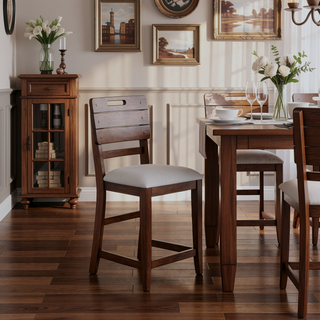 Sunvega Brown Finish Tray Back Upholstered Counter Height Dining Stool Set of Two