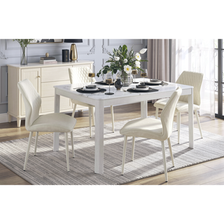 Sunvega Modern Beige Velvet Upholstered Dining Side Chairs with White Metal Legs