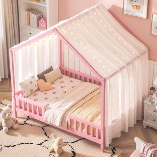Sunvega Full Size House Bed with Canopy and High Railings for Kids Room