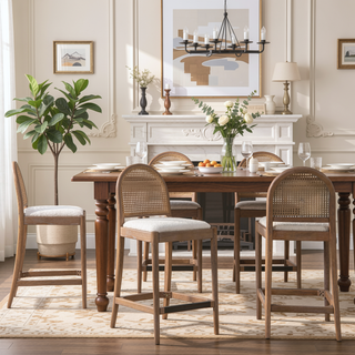Sunvega Natural Oak and Cane Rattan Counter Stools with Black Boucle Upholstery