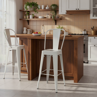 Sunvega Industrial White Metal Bar Stools with Curved Back and Footrest Set of 2