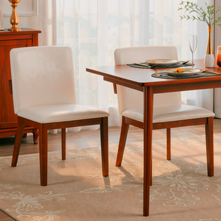 Sunvega Modern Walnut Finish Wood and White Glossy PU Leather Dining Chairs Set of 2