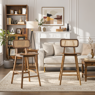 Sunvega Natural Wood Barstool Set with Rattan Backrest and Curved Seat