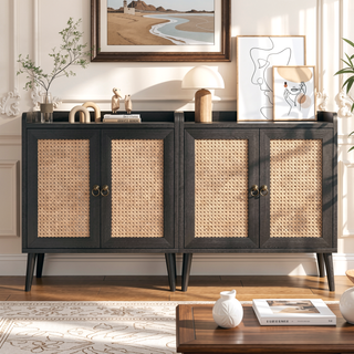 Sunvega Medieval Style Buffet Cabinet with Rattan Doors and Baffle Strip Design