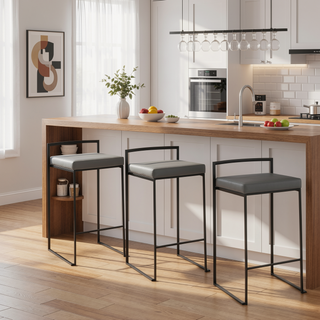 Sunvega Black Metal Counter Stool Set with Grey Faux Leather Cushion