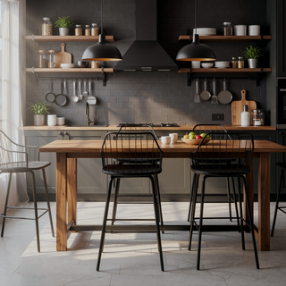 Sunvega Winston Farmhouse Counter Stool with Wood Seat and Metal Spindle Backrest