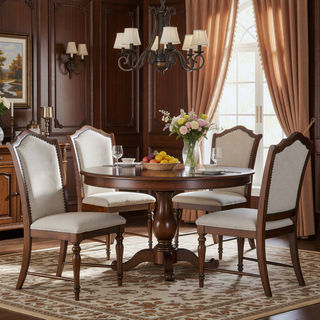 Sunvega Traditional Cherry Finish Wooden Side Chairs with Gray Textured Fabric Upholstery