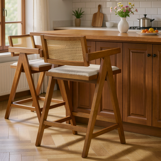 Sunvega Light Walnut Woven Rattan Wood Bar Chair Set with Padded Seats