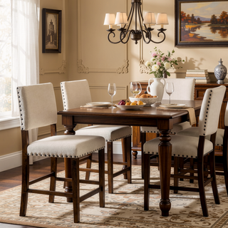 Sunvega Ivory Upholstered Padded Linen Dining Chairs with Nailhead Trim Set of 2