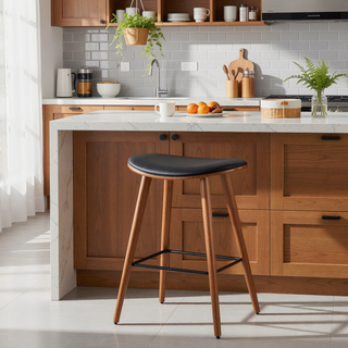Sunvega Mid-Century Modern Walnut and Black Faux Leather Counter Stool Set of 2