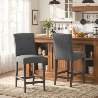 Sunvega Contemporary Fabric Button Tufted Counter Stools Set of 2 Light Grey