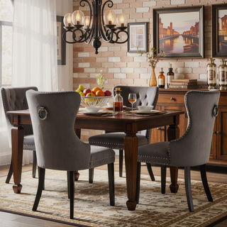 Sunvega Dark Gray Velvet Upholstered Dining Chairs with Tufted Back and Wood Legs