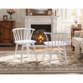 Sunvega Solid Wood Windsor Dining Chairs with Spindle Back and H Stretcher in White Set of 2