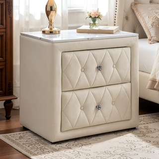 Sunvega Modern Ivory Upholstery Fabric Nightstand with Faux Marble Top