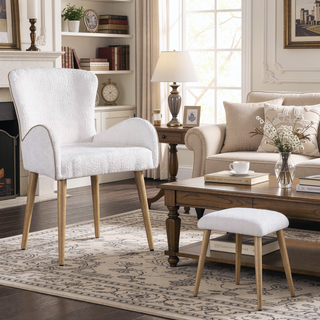 Sunvega Beige Boucle Upholstered Side Chair with Oak Finish and Metal Legs