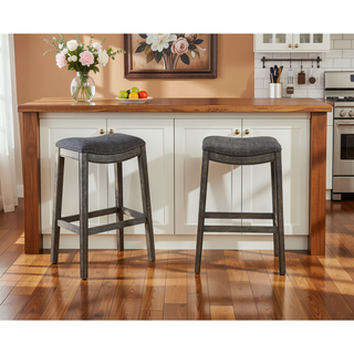 Sunvega Gray Rustic Whitewash Fabric Upholstered Nailhead Trim Saddle Bar Stools