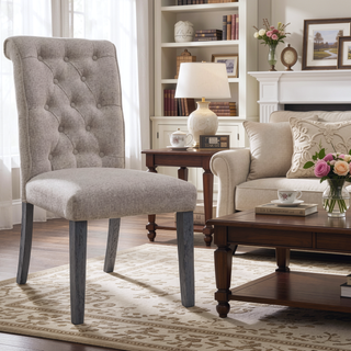 Sunvega Beige Linen and Gray Finish Side Chair with Tufted Backrest and Cushioned Seat