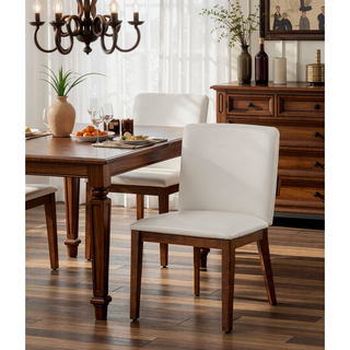 Sunvega Modern Walnut Finish Wood and White Glossy PU Leather Dining Chairs Set of 2
