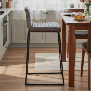 Sunvega Mason Mara Contemporary Fixed-Height Barstool in Black Metal and Grey Faux Leather