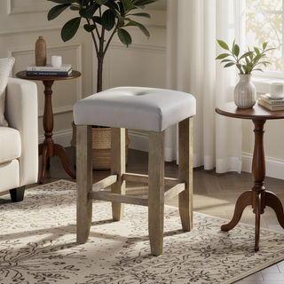 Sunvega Tan Linen & Weathered Oak Finish Counter Height Armless Stool Set of 2