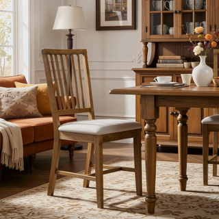 Sunvega Weathered Oak Slat Back Side Chairs with Tan Linen Upholstered Seat Cushions