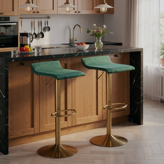 Sunvega Adjustable Height Barstool with Swivel in Gold Brushed Metal and Green Velvet