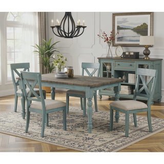 Sunvega Antique Blue Wood Cross Back Upholstered Dining Chairs with Tan Fabric Seat
