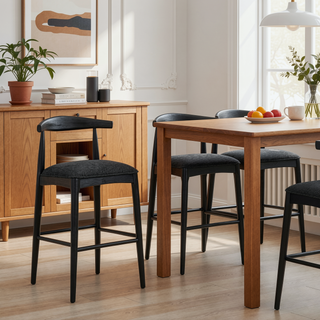 Sunvega Mid-Century Inspired Rubberwood Bar Stool Set with Comfy Fabric Upholstered Seat