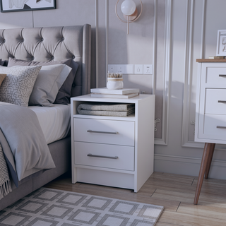 Sunvega White 2-Drawer Nightstand with Open Shelf for Small Bedroom Spaces