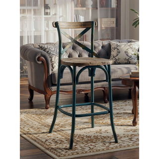 Sunvega Antique Turquoise and Oak Bar Stool with Cross Back and Wooden Seat