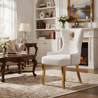 Sunvega Gold Velvet Upholstered Dining Chair with Lion Head Accent and Quilted Back