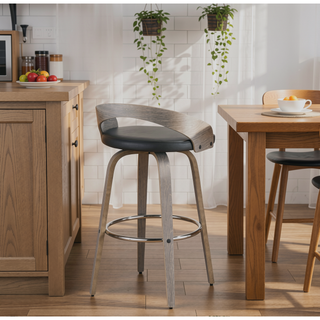 Sunvega Mid-Century Modern Barstool with Light Grey Wood and Black Faux Leather Swivel Seat