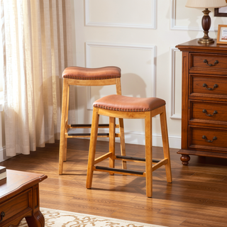 Sunvega Natural Finish Saddle Leather Seat Counter Stool with Footrest and Nail Head Trim