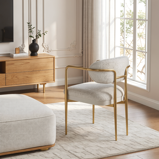 Sunvega Beige Chenille and Gold Arm Chair Set with Metal Legs and Marble Top