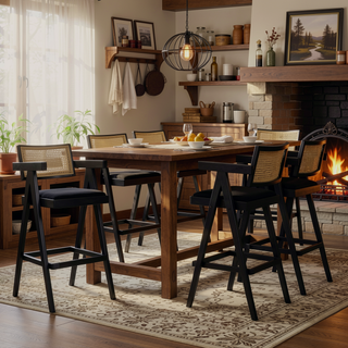 Sunvega Modern Ebony Black Boucle Resin Webbing Bar Stool Set with Arms