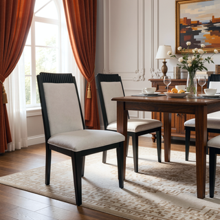 Sunvega Modern Wood Dining Side Chair with Black Frame and Ivory Upholstery Set of 2