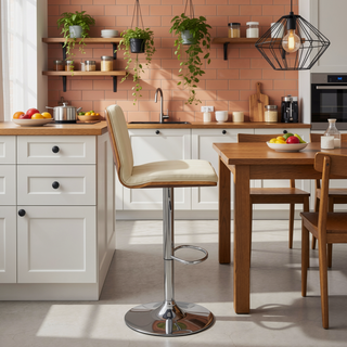 Sunvega Adjustable Swivel Cream Faux Leather Bar Stool with Walnut Back