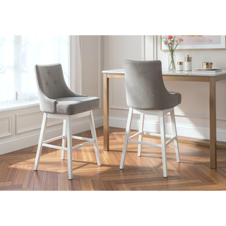 Sunvega Set Of 2 Swivel Bar Stools With Grey Leather Look Upholstery And White Wood