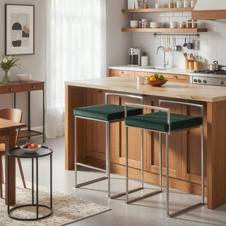 Sunvega Contemporary Stackable Counter Stool with Green Velvet Cushion and Stainless Steel Frame
