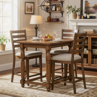 Sunvega Traditional Cherry Finish Wood Frame Counter Height Chairs with Beige Upholstery